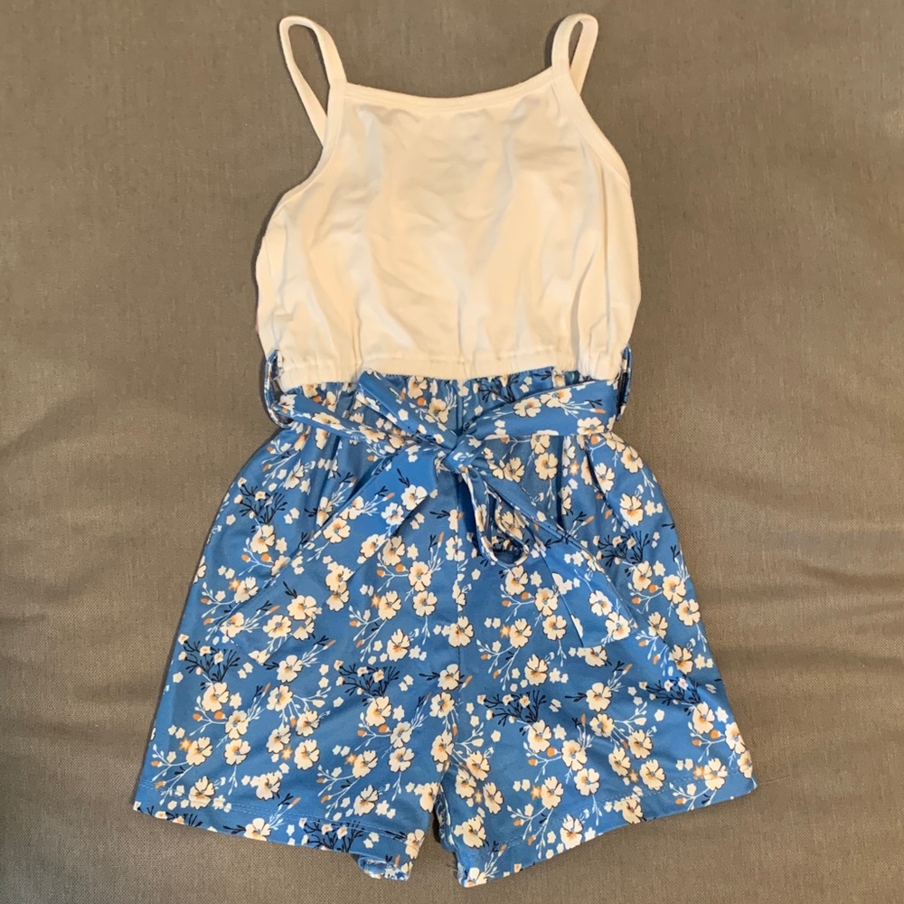 Girls Blue Floral Tie-Waist Romper with White Bodice